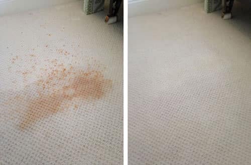 Before and after comparison showing an orange carpet stain removed