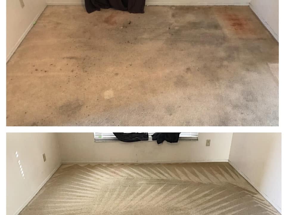 Before and after comparison of a deeply soiled bedroom carpet cleaned with fresh grooming lines