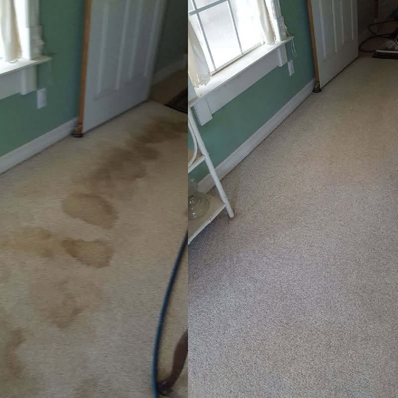 Before and after comparison showing several dark carpet stains removed from a room