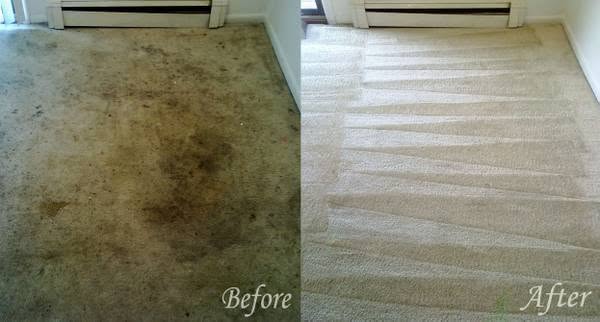 Before and after comparison of a heavily soiled carpet cleaned by Edwin's Carpet Cleaning