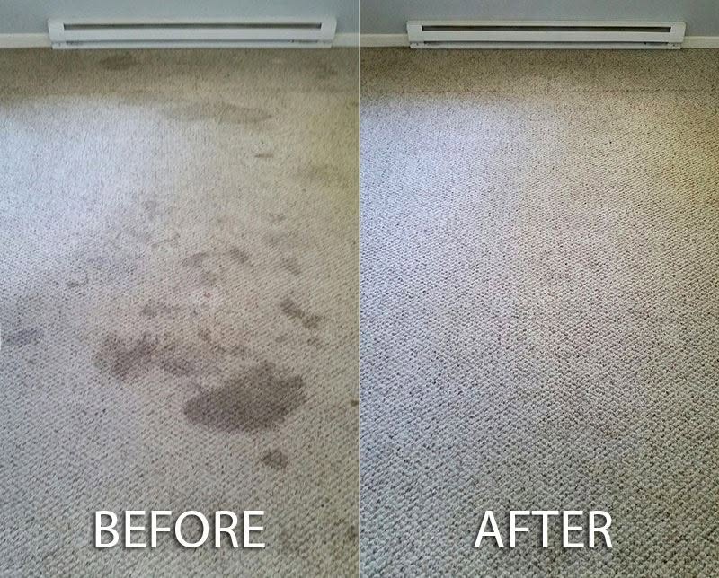 Before and after comparison showing dark carpet stains removed near a baseboard heater