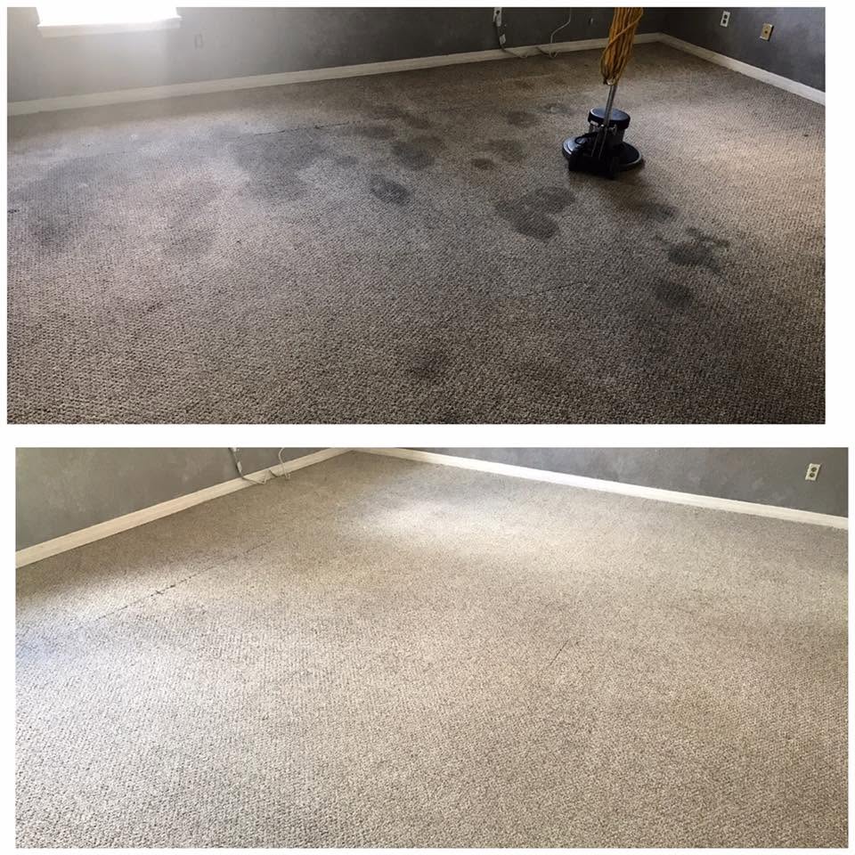 Before and after comparison of a stained room carpet restored by professional cleaning