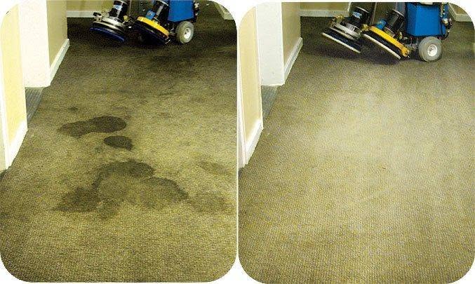 Before and after comparison of large dark carpet spots removed from a hallway